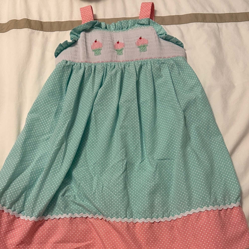 Smocked ice cream Polka Dot Dress in Blue and Pink